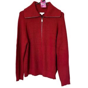J.Jill Garnet Red Ribbed Knit Stretch Full Zip Sweater Jacket Sz M